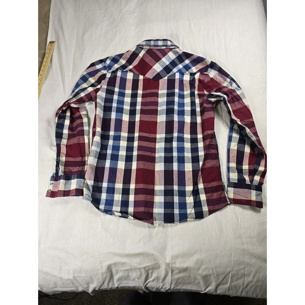 Levi's Shirt Mens Medium Red Blue Plaid Western Pearl Snap Long Sleeve Casual